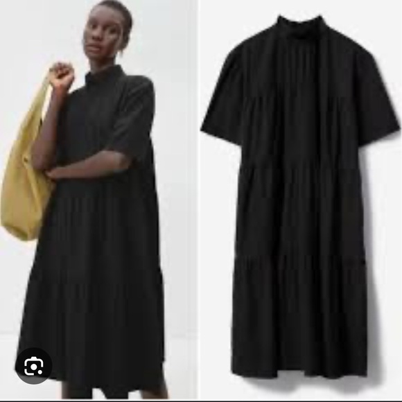 Everlane The Tiered Mockneck Dress Cotton Knee Length Black Size Small - Picture 2 of 15